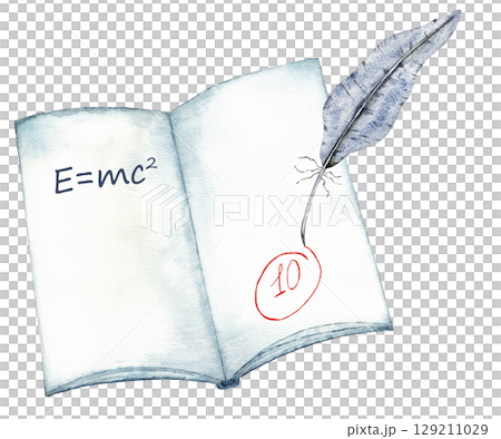 Open book with feather and physics formula for educational and scholarly themes. Watercolor for certificate, diploma, invitation, card. Copy space. End of course. Back to school. Education concept 129211029