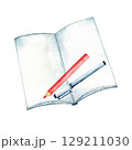Artistic still life with open book, red pencil, and blue pen. Watercolor illustration for certificate, diploma, invitation, card. Copy space. End of course. Back to school. Education concept. Isolated 129211030