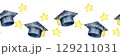 Seamless graduation celebration border with caps and stars for festive design. End of course. For certificate, diploma, invitation, card. Education concept. Graduation, university, institute, school 129211031