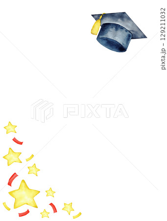 Graduation celebration frame design with cap and stars. End of course. Vertical template for certificate, diploma, invitation, card. Copy space. Education concept. For university, institute, school 129211032