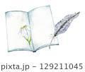 Watercolor book with feather and floral illustration for creative design. Education concept. Watercolor composition for banner, poster, card, invitation. Copy space. End of course. Back to school 129211045