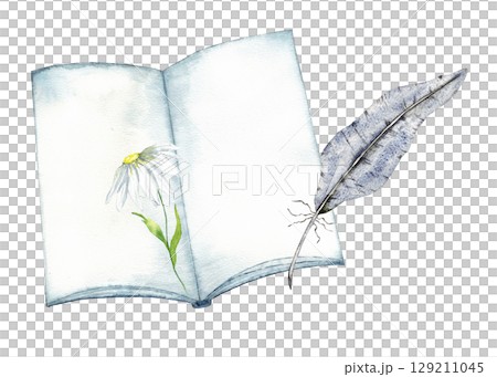 Watercolor book with feather and floral illustration for creative design. Education concept. Watercolor composition for banner, poster, card, invitation. Copy space. End of course. Back to school 129211045