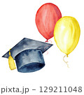 Graduation celebration with cap and colorful balloons for party decor. Watercolor illustration for banner, poster, certificate, diploma, invitation, card. Isolated. Education concept. End of course 129211048