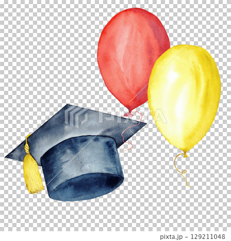 Graduation celebration with cap and colorful balloons for party decor. Watercolor illustration for banner, poster, certificate, diploma, invitation, card. Isolated. Education concept. End of course 129211048