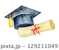Academic achievement symbol with graduation cap and diploma for inspirational design. For banner, poster, certificate, diploma, invitation, card. Isolated. Education concept. End of course 129211049