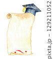 Academic achievement scroll and graduation cap background for graduation celebrations. Education concept. Vertical banner, invitation. Tempate for certificate, card. Copy space. Isolated End of course 129211052