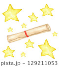 Magical golden stars with scroll or diploma for creative design. Education concept. For banner, poster, certificate, diploma, invitation, card. Isolated. End of course. Watercolor illustration 129211053