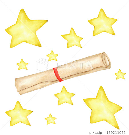Magical golden stars with scroll or diploma for creative design. Education concept. For banner, poster, certificate, diploma, invitation, card. Isolated. End of course. Watercolor illustration 129211053