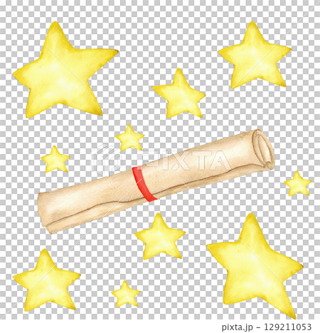 Magical golden stars with scroll or diploma for creative design. Education concept. For banner, poster, certificate, diploma, invitation, card. Isolated. End of course. Watercolor illustration 129211053