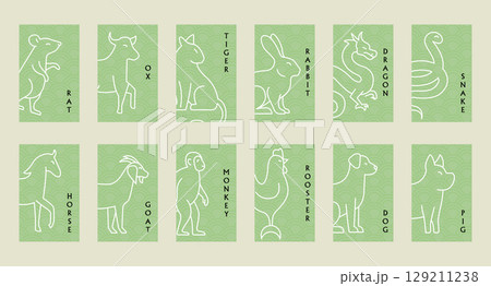 Minimalist Chinese Zodiac Cards Set in Green with White Line Art Animals Minimalist Chinese Zodiac Cards Set in Green with White Line Art Animals 129211238
