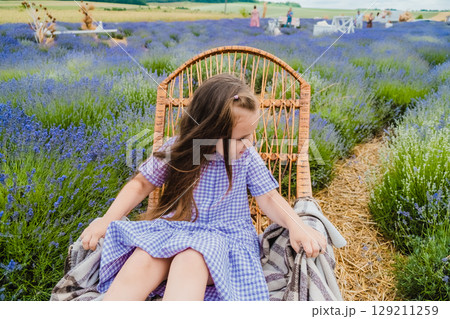 The rocking chair with the checkered blanket stands among purple flowers 129211259