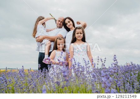 In the lavender field, the mother and father embrace their daughters In the lavender field, the mother and father embrace their daughters 129211549