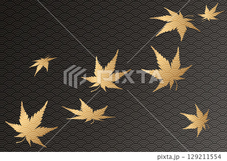 青海波文様に舞う金色のもみじの和風デザイン｜もみじ,青海波,金色,和柄,秋,ベクター 129211554