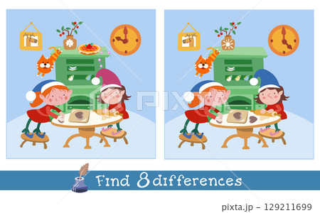 Find 8 differences. Game for kids. Elves making cookies for Christmas. Hand drawn vector illustration. 129211699