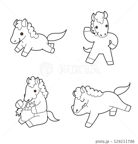 走ったり寝たりしているいろいろなポーズをとるかわいい馬のモノクロイラスト 129211786