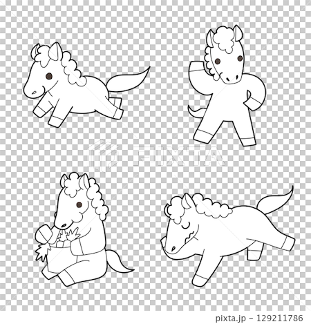 走ったり寝たりしているいろいろなポーズをとるかわいい馬のモノクロイラスト 129211786