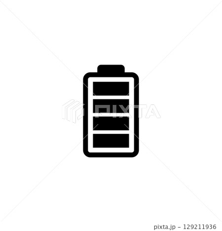black Battery vector icon illustration isolated on white background. Battery Full charge indicator or low charge sign. Level battery Energy powerfully full. 129211936