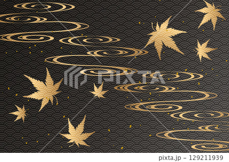 流水紋と青海波文様に金色のもみじが舞う和風背景｜もみじ,流水,金色,青海波,秋,ベクター 129211939