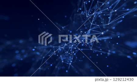 Complex neural network structure with glowing nodes against dark blue background. Light sources highlight interconnected pathways, creating futuristic ambiance. Neural network AI generated 129212430