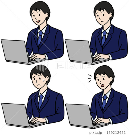 PC作業する男性 表情セット 129212431