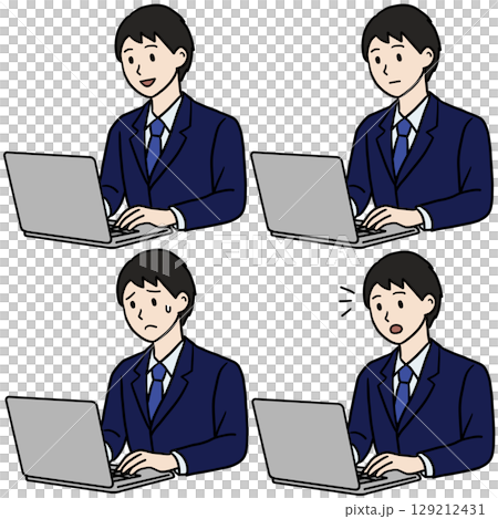 PC作業する男性 表情セット 129212431