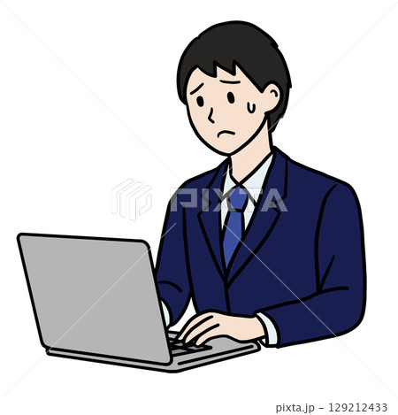 困った表情の男性　パソコン作業中 129212433
