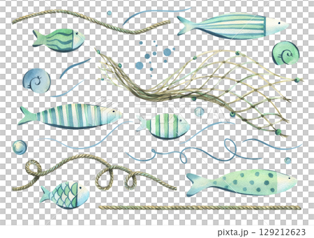 Sea fish, ropes, bubbles, shells and net elements in light turquoise and mint shades. Hand-painted watercolor illustration. Clip art set for branding, digital design and DIY projects. 129212623