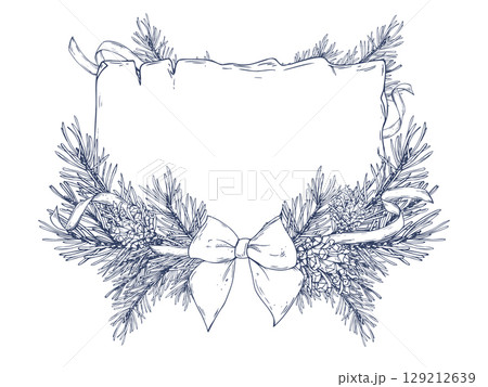 Hand drawn line art graphic illustration of an old scroll surrounded by a pine tree bow and ribbon creating a festive template for text. Perfect for Christmas cards or New Year s messages. 129212639