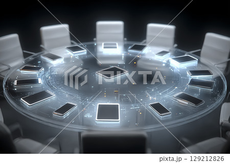 放射状に配置されたデバイスを制御する中央のAIエージェント 放射状に配置されたデバイスを制御する中央のAIエージェント 129212826