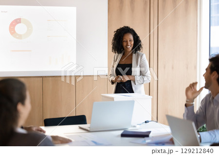 Smiling young woman business coach interact with audience on presentation Smiling young woman business coach interact with audience on presentation 129212840