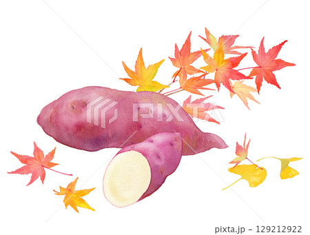 秋の味覚：サツマイモと紅葉の組み合わせ。水彩イラスト。 129212922