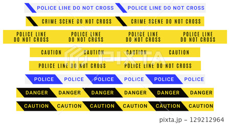 Seamless barricade tapes. Tileable Police lines. Do not cross warning symbols. Repeatable barrier lines. 129212964