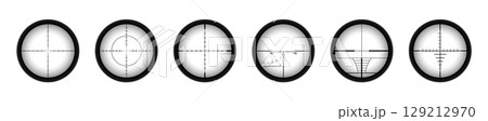 Crosshairs of a sniper scope reticle. Cross hairs of a rifle gun aiming optical viewfinder. 129212970