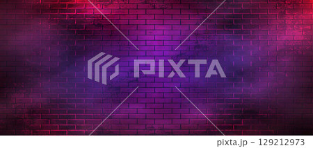 Cyber Neon Brick Wall Panorama. Retro Cyberpunk Background Cyber Neon Brick Wall Panorama. Retro Cyberpunk Background 129212973