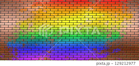 Panoramic Brick Wall With a Pride Rainbow Flag Scratched On 129212977