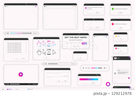 Modern clay design user interface windows. Material design Web browser, video and audio player, error message and system dialog box. 129212978