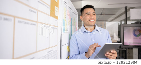 Man holding tablet stands next to whiteboard covered with notes 129212984