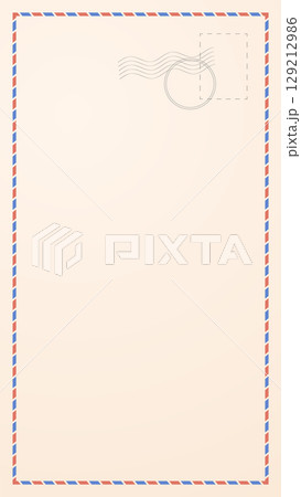 Vertical travel postal card. Portrait retro postcard template with stamp graphics  and airmail border 129212986
