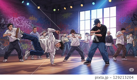 ステージで踊る男性たち 129213204