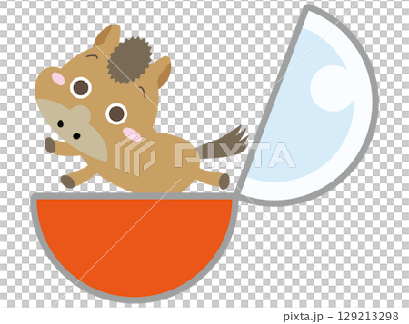 カプセルの上で跳ねる馬キャラクターのイラスト カプセルの上で跳ねる馬キャラクターのイラスト 129213298