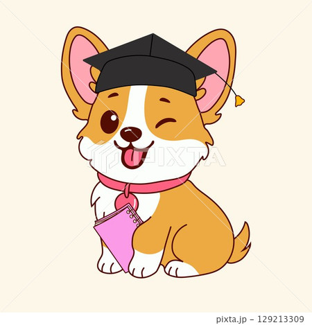 Educational Corgi Puppy Character with Cap and Book 129213309
