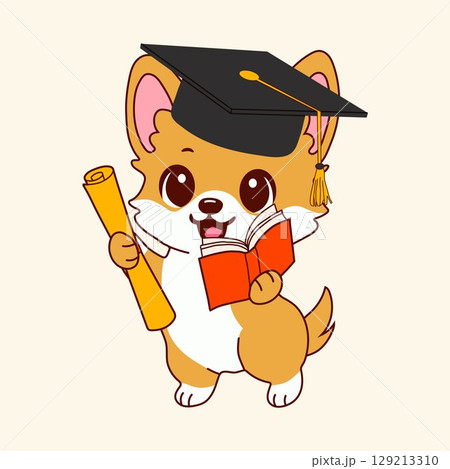 Cartoon Corgi Puppy in Graduation Cap with Diploma 129213310