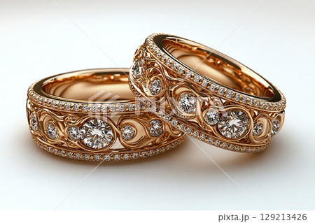 Luxury pair of Wedding Rings on a white background. Rococo Renaissance style. 129213426