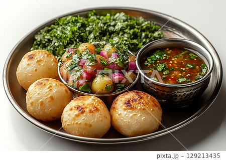 Indian Tiffin lunch box. Traditional Indian stainless steel plate with panipuri and tamarind broth nearby. Indian Tiffin lunch box. Traditional Indian stainless steel plate with panipuri and tamarind broth nearby. 129213435