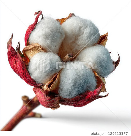 Cotton boll with fluffy soft white fibers, red husk, isolated on white background. Ideal for eco, textile, botanical themes. Cotton boll with fluffy soft white fibers, red husk, isolated on white background. Ideal for eco, textile, botanical themes. 129213577