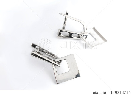 Luxury silver round earrings big jewelry for women isolated on white background, clipping path included 129213714