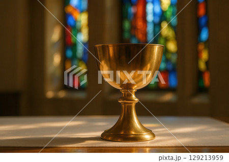 Golden chalice on an altar illuminated by sunlight with colorful stained glass windows in the background during morning church service, AI Generative 129213959