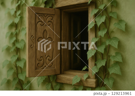 Rustic wooden window with carved floral details surrounded by lush green ivy on textured exterior wall, AI Generative 129213961