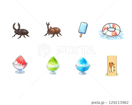 夏の素材セット、まとめ売り、背景なし、虫、かき氷、アイス、浮き輪 129213962