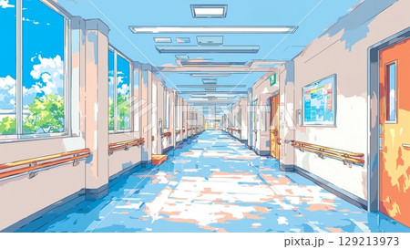 病院の廊下の背景イラスト、サムネイル、ブログ用、Youtube用、素材 129213973